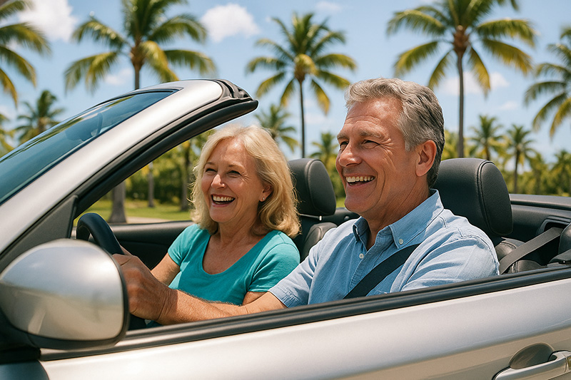 Happy mature couple saving on insurance